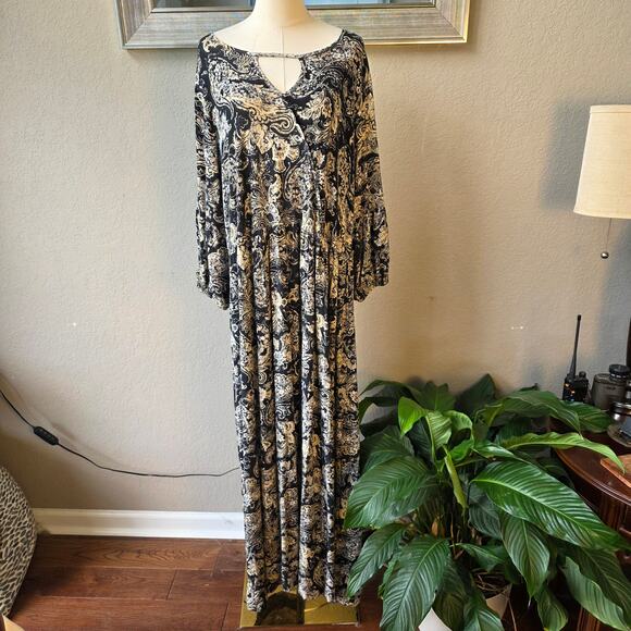 New One World Women's Printed Knit Lantern Sleeve Lace Keyhole Maxi Dress SZ 2X - Picture 2 of 5